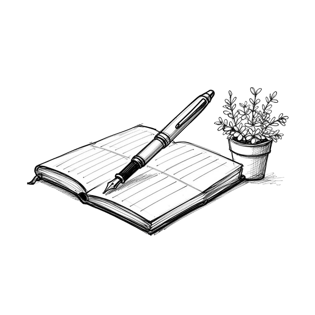 A pen resting on an open ledger beside a small plant — hand-drawn